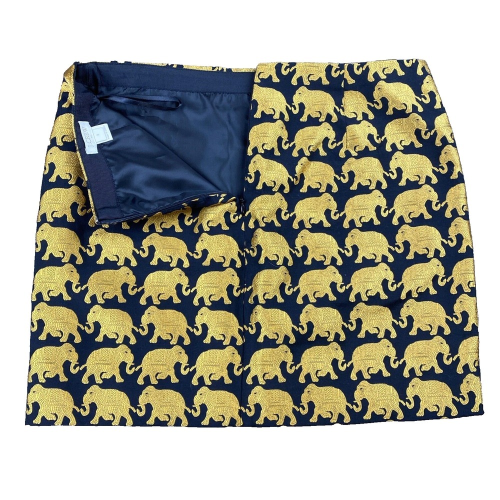J. Crew Women's SZ 2 Mini Brocade Skirt Black‎ with Gold Elephants Jaquard Lined - Picture 9 of 9